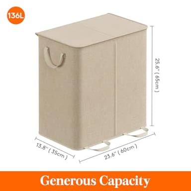 Lifewit Double Laundry Hamper with Lid and Removable Laundry Bags, Large Collapsible 2 Dividers Dirty Clothes Basket with Handles for Bedroom, Laundry Room, Closet, Bathroom, College, 136L Beige - Image 5