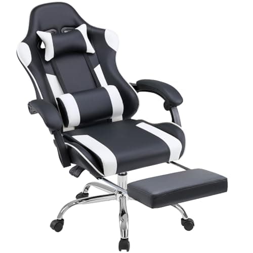 DUMOS Ergonomic Gaming Desk Chair - PU Leather Recliner with Footrest, Lumbar Support, Headrest, Fixed Armrests, Height Adjustable, 360° Swivel, White, for Adults - Image 1