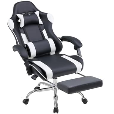 DUMOS Ergonomic Gaming Desk Chair - PU Leather Recliner with Footrest, Lumbar Support, Headrest, Fixed Armrests, Height Adjustable, 360° Swivel, White, for Adults - Image 1