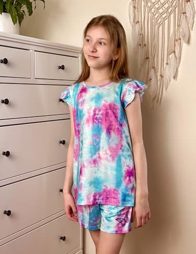 Arshiner Girls Pajamas Set Short Sleeve Pjs Sleepwear 3PCS Summer Lounge Sets Nightwear Blue Tie-Dye 12-13Years - Image 3