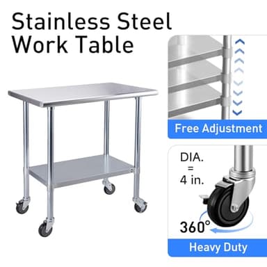 ROCKPOINT Stainless Steel Table for Prep & Work with Caster Wheels 30x48 Inches, NSF Metal Commercial Kitchen Heavy Duty Table with Adjustable Under Shelf and Table Foot for Restaurant, Home and Hotel - Image 4