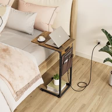 Vagusicc C Shaped End Table with Charging Station, Small Side Table for Couch, Tall Sofa Table Couch Side Tables, Slide Under Sofa Table TV Tray Arm C Tables for Living Room, Bedroom, Bedside, Brown - Image 6