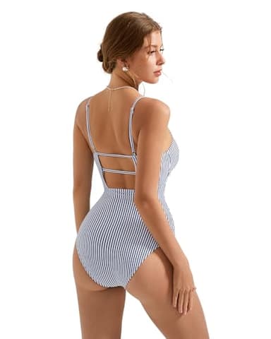 SUUKSESS Women Sexy Wrap Push Up One Piece Swimsuit Slimming Tummy Control Bathing Suit Retro Backless Cut Out Swimwear (White Black Striped,L) - Image 3