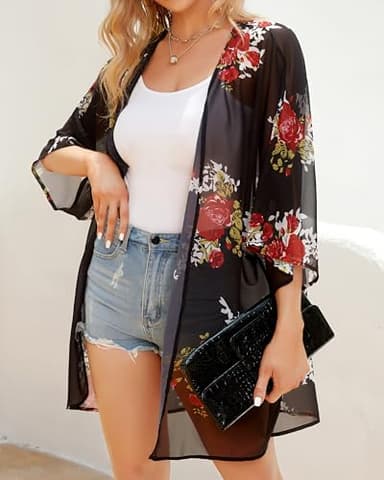 Women's Floral Print Puff Sleeve Kimono Cardigan Loose Cover Up Casual Blouse Tops (Black,2XL) - Image 2
