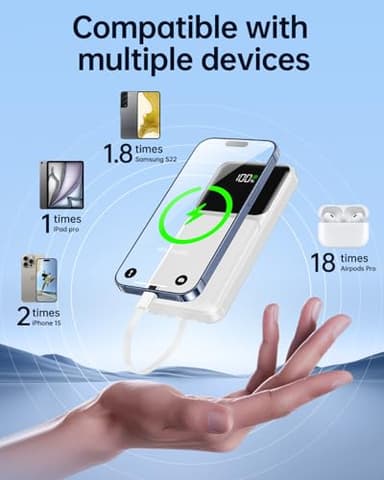 Portable Charger with Built in Cable - Power Bank Fast Charging USB C LED Display 10000mah Battery Pack 5 Outputs & 3 Inputs for Travel Essentials iPhone Samsung Android Phones Tablets White - Image 4