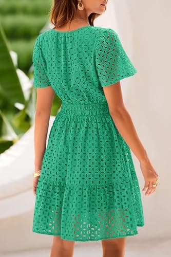 PRETTYGARDEN Womens 2025 Summer Short Dress V Neck Short Sleeve A Line Hollow Out Lace Ruffle Cute Casual Beach Party Dresses (Green,Medium) - Image 2