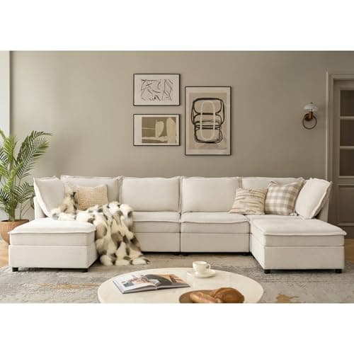 HULALA HOME 127'' Modular Sectional Sofa, Oversized U Shaped Couch with Storage Ottoman, Comfy Chenille Sofa with Deep Seat, 6 Seat Convertible Couches for Living Room, Beige - Image 1