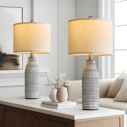 USumkky 25" Ceramic Table Lamps Set of 2 Beside Lamps for Living Room Modern Bedroom Lamps for Night Stands with Rotary Switch Black and White Stripes - Image 1