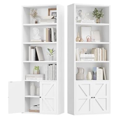 oneinmil 6 Tier Bookshelves and Bookcase with Doors Industrial Set of 2 Double Wide Floor Standing Book Shelf 71" Tall Display Shelves Bookshelf with Storage Cabinets for Living Room White - Image 1