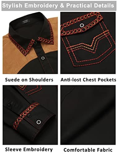 COOFANDY Mens Shirt Western Cowboy Embroidered Long Sleeve Slim Fit Casual Cotton Button Down Hippie with Pockets, Black, Medium, Long Sleeve - Image 5