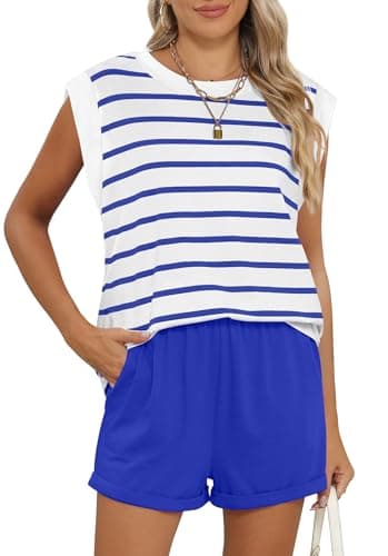 RUBZOOF Lounge Sets for Women Striped 2 Piece Outfits Cap Sleeve Pajama Sets Casual Loungewear Summer Royal Stripe XL - Image 1