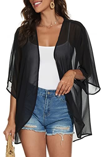 Women Summer Tops Kimono Cardigans Sheer Beach Cover Ups Chiffon Open Front Shirts （Black,L - Image 1