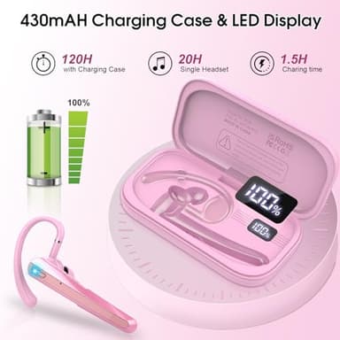 Bluetooth Headset V5.3, Wireless Earpiece with Dual ENC Noise Canceling Mic, 120H Hand-Free Talk Single-Ear Bluetooth Earpiece with LED Display, IP7 Waterproof Headphones for Trucker/Business, Pink - Image 4