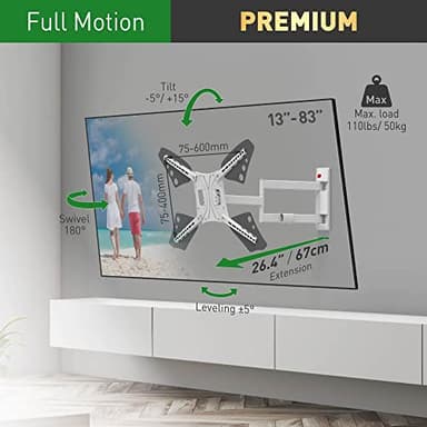 Barkan Long White TV Wall Mount, 13 - 80 inch Full Motion Articulating - 4 Movement Flat / Curved Screen Bracket, Holds up to 110lbs - Image 2