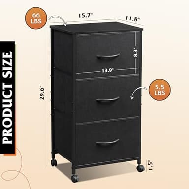 WLIVE Dresser with 3 Drawers, Fabric Nightstand, Cabinet with Wheels, Organizer Storage Dresser for Bedroom, Office, Closets, Black Dresser with Sturdy Steel Frame, Easy Pull Handle - Image 3