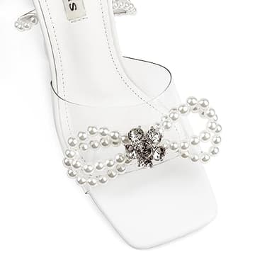 Zzheels Double Bowknots Crystal Sandals Clear Pearl Heels Square Toe Shoes for Party Wedding Dating Pearl US7.5 - Image 2