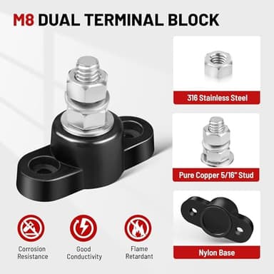 RED WOLF 12V 150A Power Distribution Block 5/16" Single Stud Busbar M8 Terminal Bus Bar 12 Volt DC Battery Junction Post for Auto Boat Marine Solar System Positive and Negative (2PC) - Image 3
