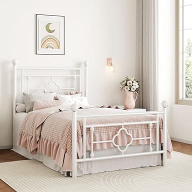 SHA CERLIN 14 Inches Twin Size Metal Platform Bed Frame/Vintage Iron-Art Headboard and Footboard/Mattress Foundation for Storage/No Box Spring Needed/Noise-Free/Easy Assembly/White - Image 3