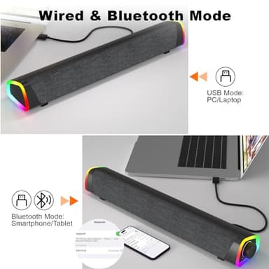SOULION R30 Plus Bluetooth Computer Speakers for PC Desktop, All-in-one Control Button with 6 Modes LED Lights, Wired USB Powered Sound Bar, Surround Sound Portable SoundBar for Monitor Laptop Phone - Image 4