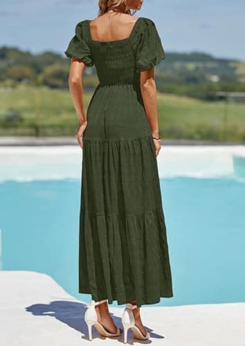 PRETTYGARDEN Womens Summer Puff Short Sleeve Maxi Dress Square Neck Smocked Tiered Ruffle A Line Long Flowy Beach Dresses (Army Green,Large) - Image 2