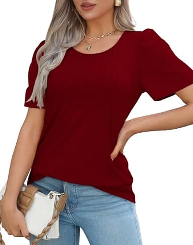 Summer T Shirts for Women Dressy Casual Short Sleeve Blouses Pleated Front Trendy Valentine's Day Shirts Going Out Tops Wine Red L - Image 3