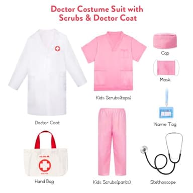 Meland Doctor Costume for Girls - Kids Scrubs with Lab Coat & Carry Bag, Doctor Dress Up for Halloween, Career Day Role Play(Pink,3-4 Years) - Image 2