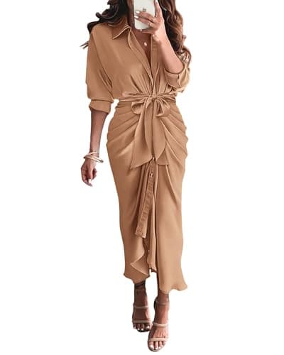 BTFBM Maxi Dresses for Women Fall 2025 Long Sleeve Lapel Neck Button Down Elegant Satin Belted Ruched Summer Shirt Dress(Light Khaki, Large) - Image 1