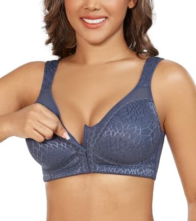 DotVol Women's Full Figure Front Closure Wirefree Jacquard Back Support Posture Bra(Grey Blue,42DD) - Image 1