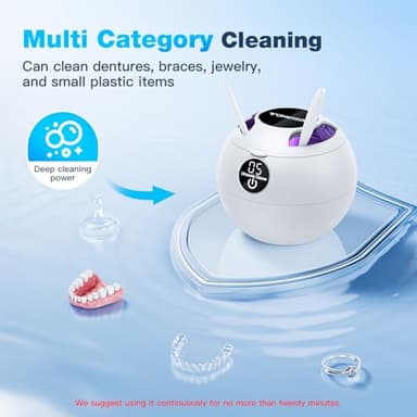 Ultrasonic Retainer Cleaner Machine,45kHz Ultrasonic Cleaner,UV Lamp 360°Cleaning for Dentures,Mouth Guard,Jewelry,Braces,Toothbrush Heads with 200 ML Dental Cleaning Pod, 3 Modes,White - Image 5