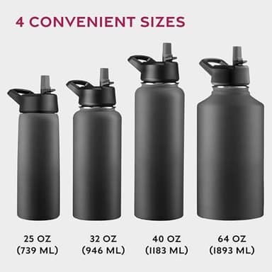 FineDine 25 Oz Insulated Water Bottle with Straw - Triple Walled Stainless Steel Metal Bottle W/ 3 Leak Proof Lids - For Travel, School, Sports, Gym/Men, Women & Kids - Inky Raven Black - Image 6