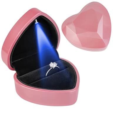 Heart Ring Box with LED Light, Luxury LED Lighted Engagement Ring Box, Velvet Earrings Jewelry Case with Light, Jewelry Display Box for Wedding, Engagement, Proposal, Birthday and Anniversary-Pink - Image 1
