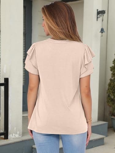 ANRABESS Womens Tops Dressy Casual Ruffle Short Sleeve V Neck Blouses Summer Button Down Business Work Elegant Shirts Beige Large - Image 5