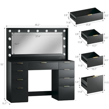 ALEXNUTRE Vanity Desk with Large Mirror and Lights, 45.3in Makeup Vanity with Power Outlet 9 Drawers & Storage, 3 Lighting Color Adjustable, Black - Image 6