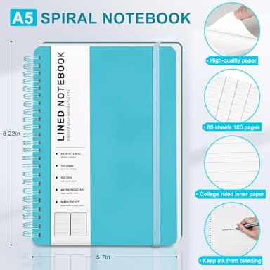 Light Blue Lined Spiral Journal Notebook with 160 Pages, 8×5.7in, A5 Spiral Notebook, Journaling Notebooks for Work, School, Women, Men, College Ruled Spiral Notebook, Hardcover Leather Journals - Image 2