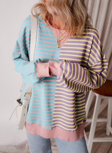 ZOOMOON Womens Oversized Striped Sweatshirt Ladies Tops Crewneck Tops Long Sleeve Shirts Loose Pullover Sweatshirts Purple X-Large - Image 3