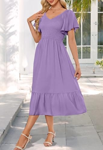 MEROKEETY Women's Summer Casual V Neck Ruffle Sleeve Smocked High Waist Midi Dress with Pockets, Purple, L - Image 3