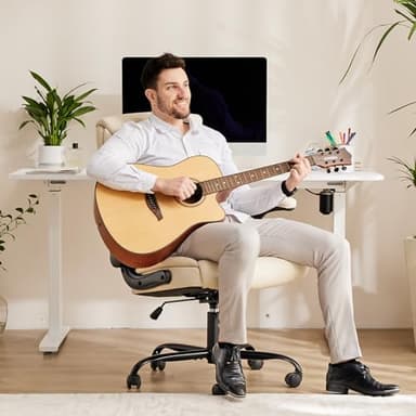 Sweetcrispy Computer Gaming Chair, Ergonomic High Back Heavy Duty Task Desk Office Chairs with Wheels, Flip-up Arms, Adjustable Height, PU Leather, Cream - Image 2