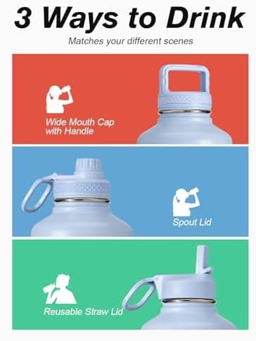 Coolflask 128 oz Gallon Water Bottle Insulated with Straw&3 Lids, Water Jug Large Stainless Steel Metal Vacuum Wide Mouth for Sports, Gym or Office, Non-BPA Keep Cold 48H Hot 24H, Light Blue - Image 6