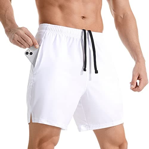 Gerlobal Men's 7" Athletic Running Shorts Lightweight Quick Dry Gym Workout Shorts with Zipper Pockets White,Medium - Image 1