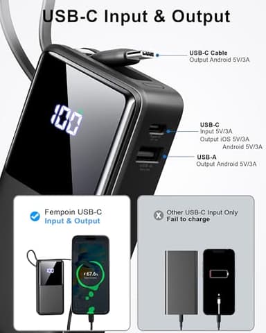 Power Bank 10000mAh, Portable Charger with Built-In USB-C Cable, PD 15W Fast Charging Battery Pack, Clear LED Display portable phone charger, Travel Essentials for iPhone Android Phones etc, Black - Image 3