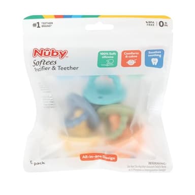 Nuby Silicone Softees Pacifier and Teethers - (5-Pack) Silicone Baby Pacifiers and Teethers - 0+ Months - Assorted Colors - Image 6