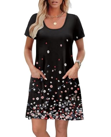 OFEEFAN Summer Dresses for Women 2025 Beach Fashion Vestidos De Verano para Mujer Women's Casual Dresses Loose U Neck Short Sleeve T Shirts Dress Sundresses wih Pockets Floral 09 XL - Image 2