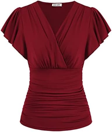 GRACE KARIN 2025 Womens Tops Summer Wrap Blouse V Neck Ruffle Sleeve Dressy Casual Top Ruched Trendy Clothes - Image 3