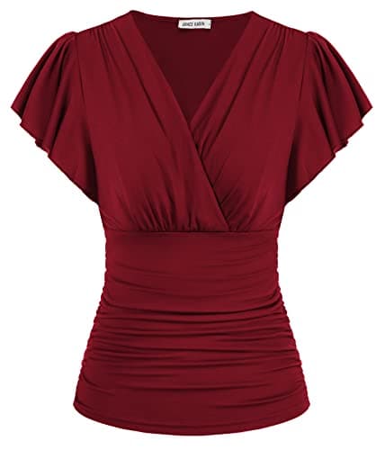 Women Summer Tops Ruffle Sleeve Wrap Blouses Casual V Neck Trendy Fashion Ruched Shirts Work Shirts Wine Red S - Image 1