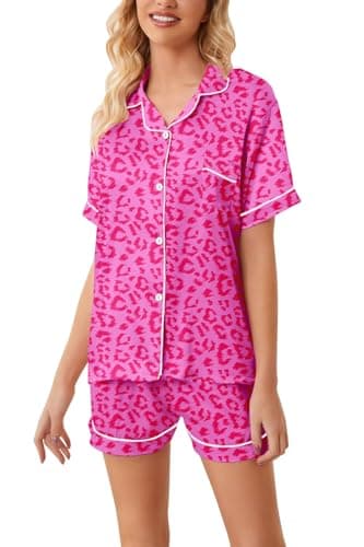 Women Silk Pajamas Sets Satin Button Up Pajama Silky Summer Sleepwear Pjs Set, Hot Pink Leopard, Medium - Image 4