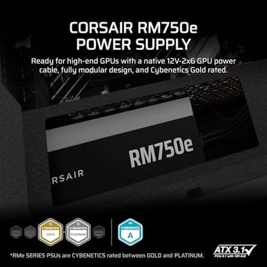 CORSAIR RM750e (2025) Fully Modular Low-Noise ATX Power Supply with 12V-2x6 Cable – ATX 3.1 & PCIe 5.1 Compliant, Cybenetics Gold Efficiency, 105°C-Rated Capacitors, Modern Standby Mode – Black - Image 2