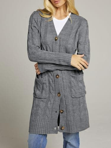 MEROKEETY Women's 2025 Long Sleeve Cardigan Sweater Fall Winter Cable Knit Open Front Button Long Outerwear, Charcoal, L - Image 6
