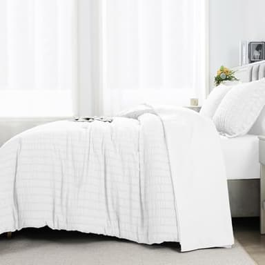 HYLEORY Queen Size Seersucker Comforter Set - 7 Pieces Reversible Comforters Bedding Sets, All Season Bed in a Bag with Comforter, Sheets, Pillowcases & Shams White - Image 2