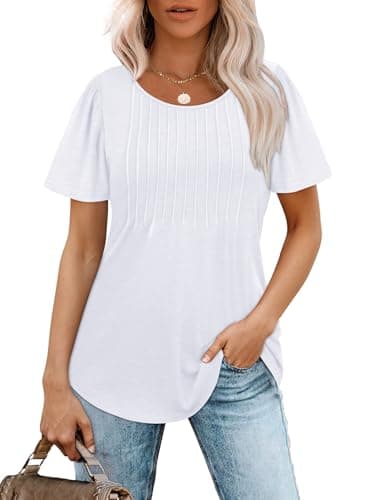 White Shirts for Women Loose Fitting Spring Tops for Teachers Short Puff Sleeve Summer T Shirts Beach Vacation Clothes for Women Fashion Clothing L - Image 2