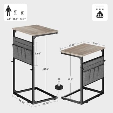Vagusicc C Shaped End Table, 33'' Tall Side Table for Couch, Adjustable Height Small Couch Side Table for Small Spaces, C Table Slide Under Sofa Table TV Tray Arm Table for Living Room, Bedroom, Grey - Image 2